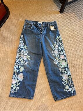 Free People Dark Blue Wide-Leg Jeans with Pastel Floral Embroidery